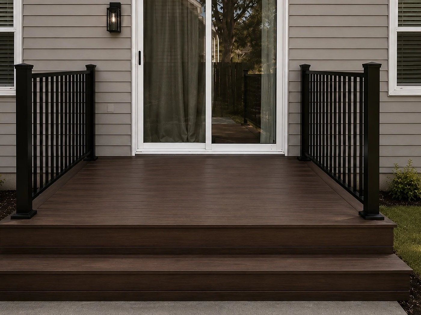 After: rebuilt deck with brown composite decking, black metal railings and new steps